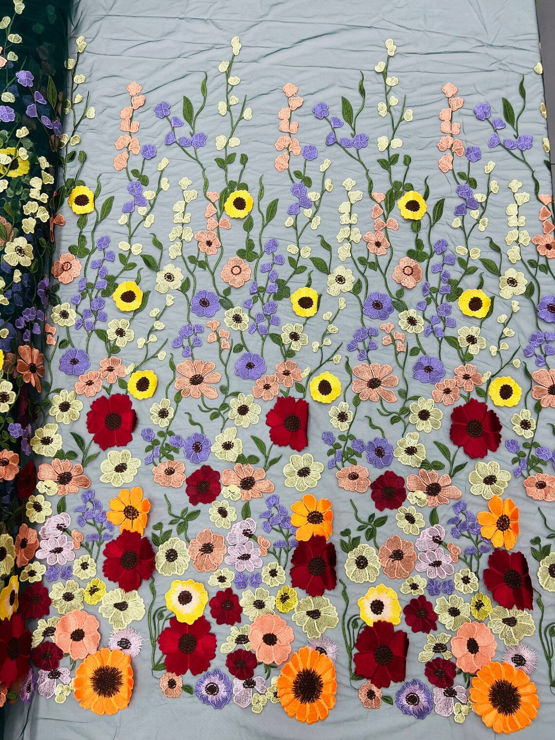 3D Floral and Leaves Embroidery - Hunter Green - Multi Color Flower Design on Mesh by Yard