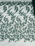 Leaf Plant Cluster Design Fabric - Hunter Green - Beaded Embroidered Leaves Design on Lace Mesh By Yard