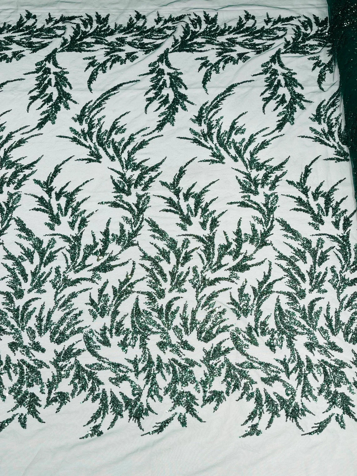 Leaf Plant Cluster Design Fabric - Hunter Green - Beaded Embroidered Leaves Design on Lace Mesh By Yard