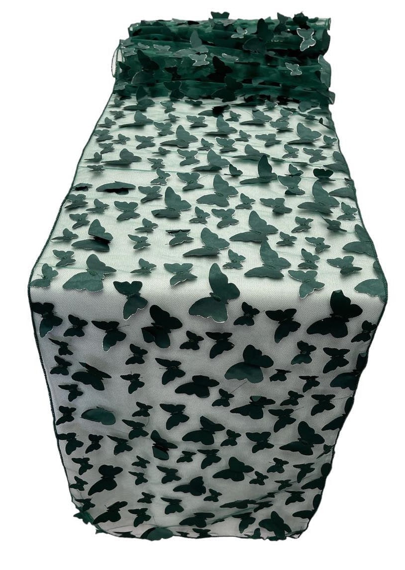 3D Butterfly Table Runner - Hunter Green - 12" x 90"  3D Butterfly Sheer Mesh Table Runner