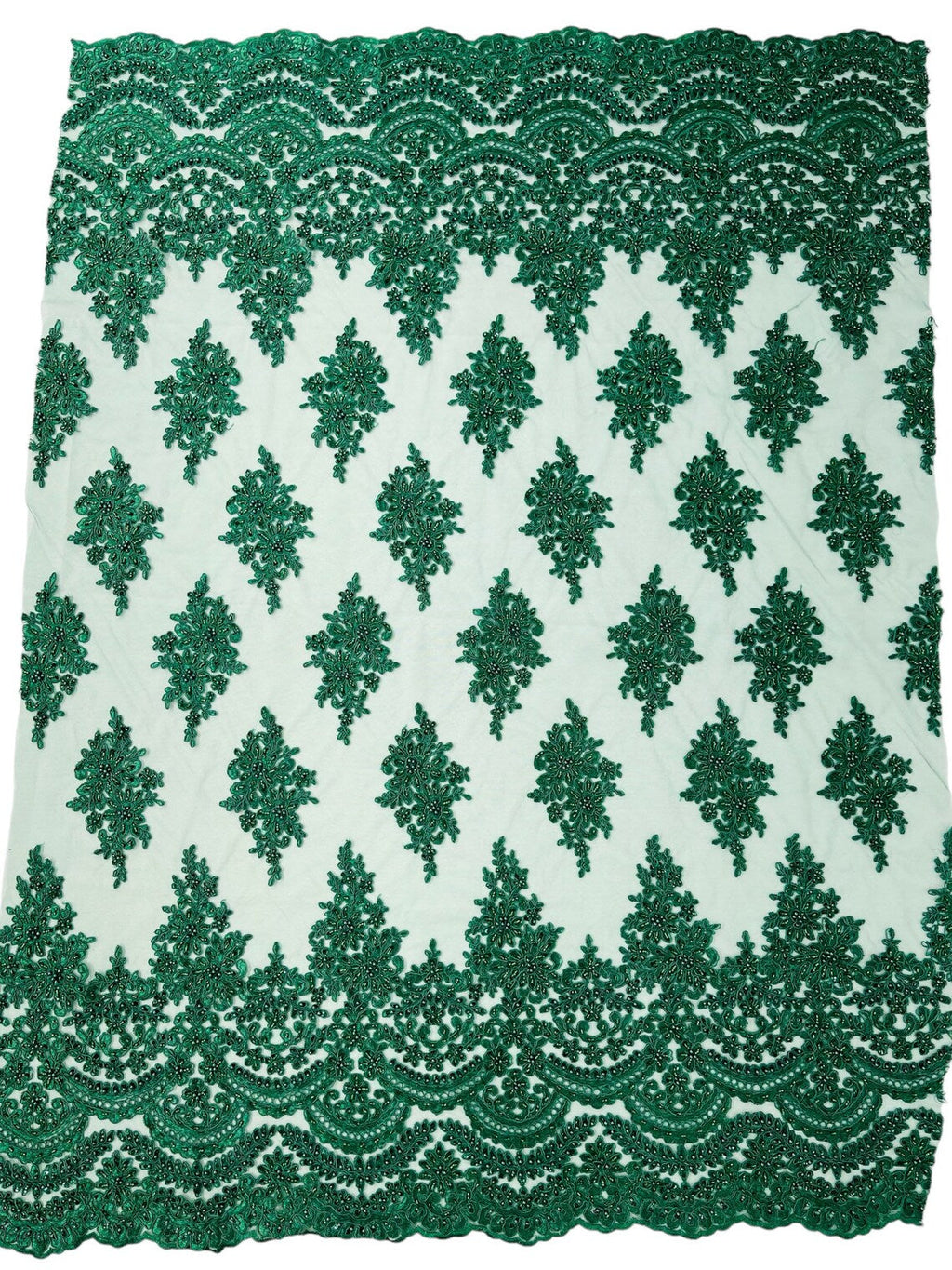 Beaded Flower Cluster Fabric - Hunter Green - Embroidered Beaded Fancy Border Floral Fabric Sold By Yard