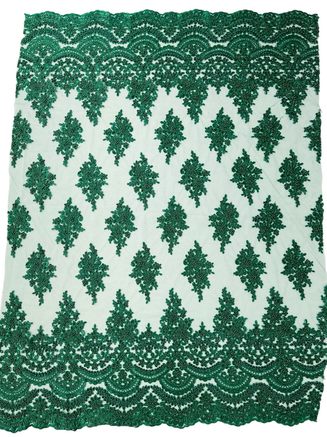 Beaded Flower Cluster Fabric - Hunter Green - Embroidered Beaded Fancy Border Floral Fabric Sold By Yard