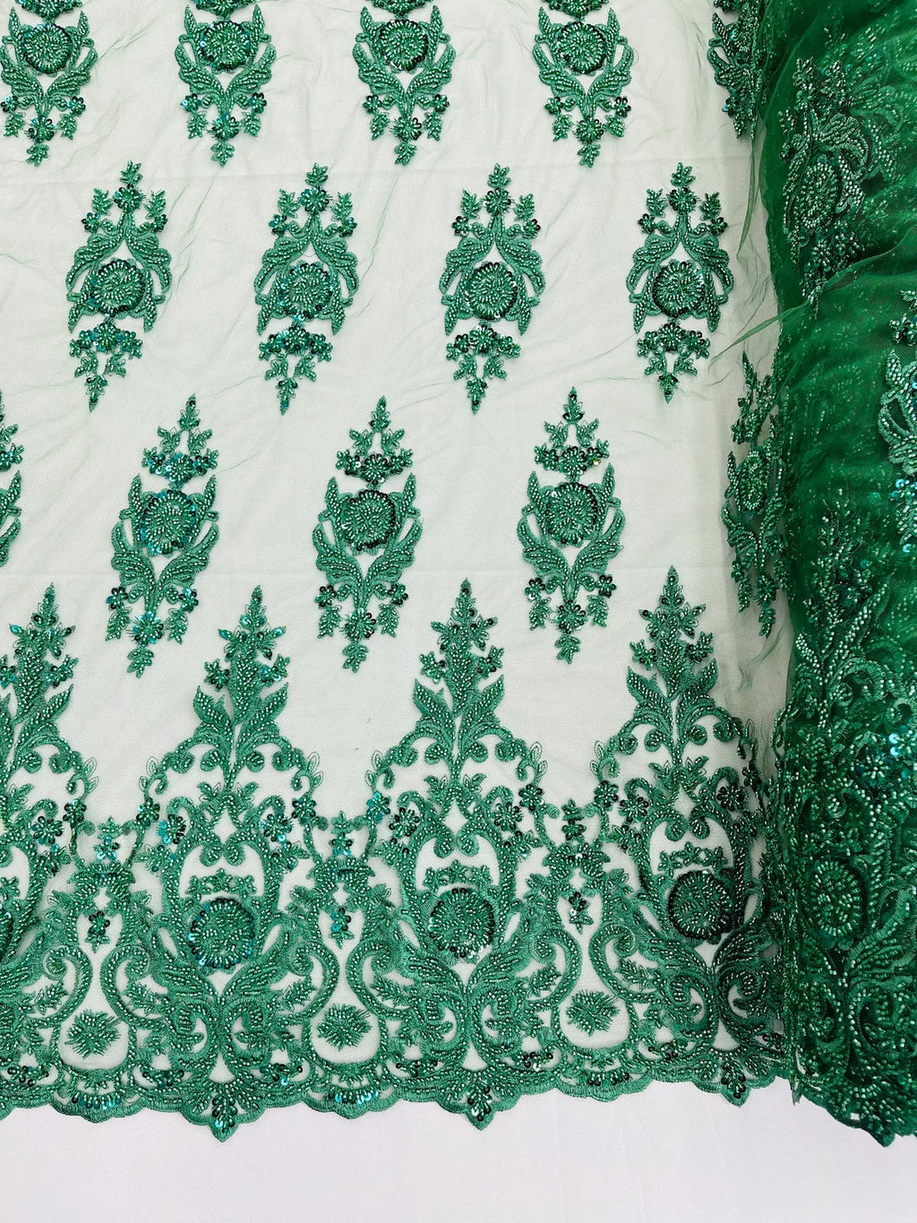 Floral Bead Embroidery Fabric - Hunter Green - Damask Floral Bead Bridal Lace Fabric by the yard