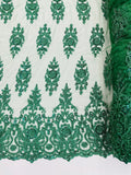 Floral Bead Embroidery Fabric - Hunter Green - Damask Floral Bead Bridal Lace Fabric by the yard
