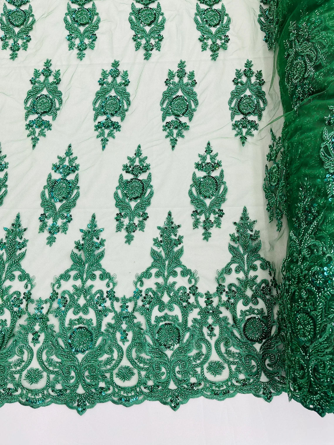 Floral Bead Embroidery Fabric - Hunter Green - Damask Floral Bead Bridal Lace Fabric by the yard