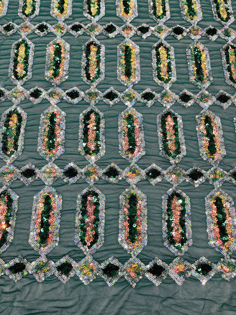 Fancy Gem Jewel Fabric - Hunter Green - Geometric Stretch Sequins Design on Mesh By Yard