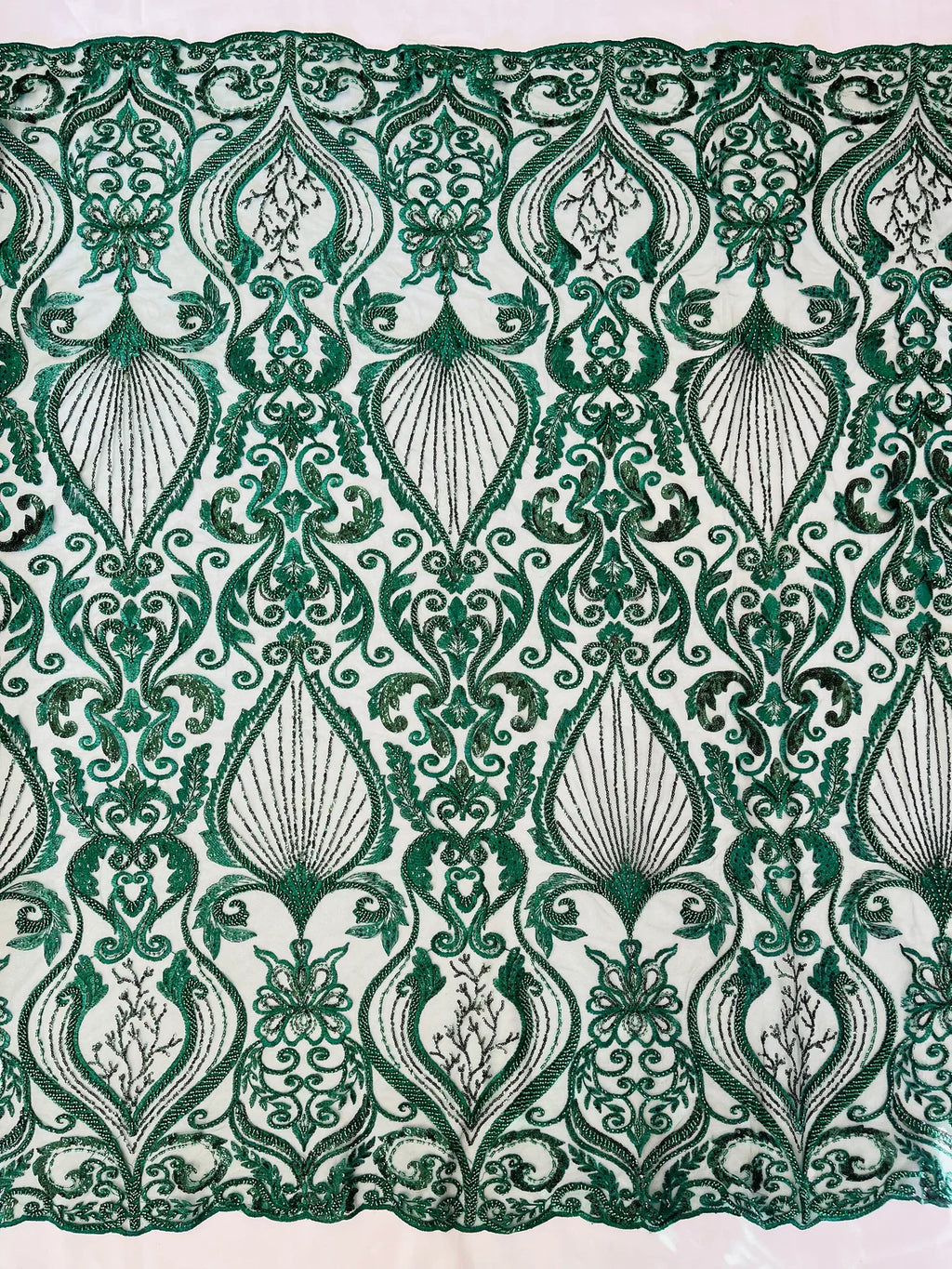Damask Leaf Bead Fabric - Hunter Green - Heavy Beaded Embroidered Sequins Lace Fabric by Yard