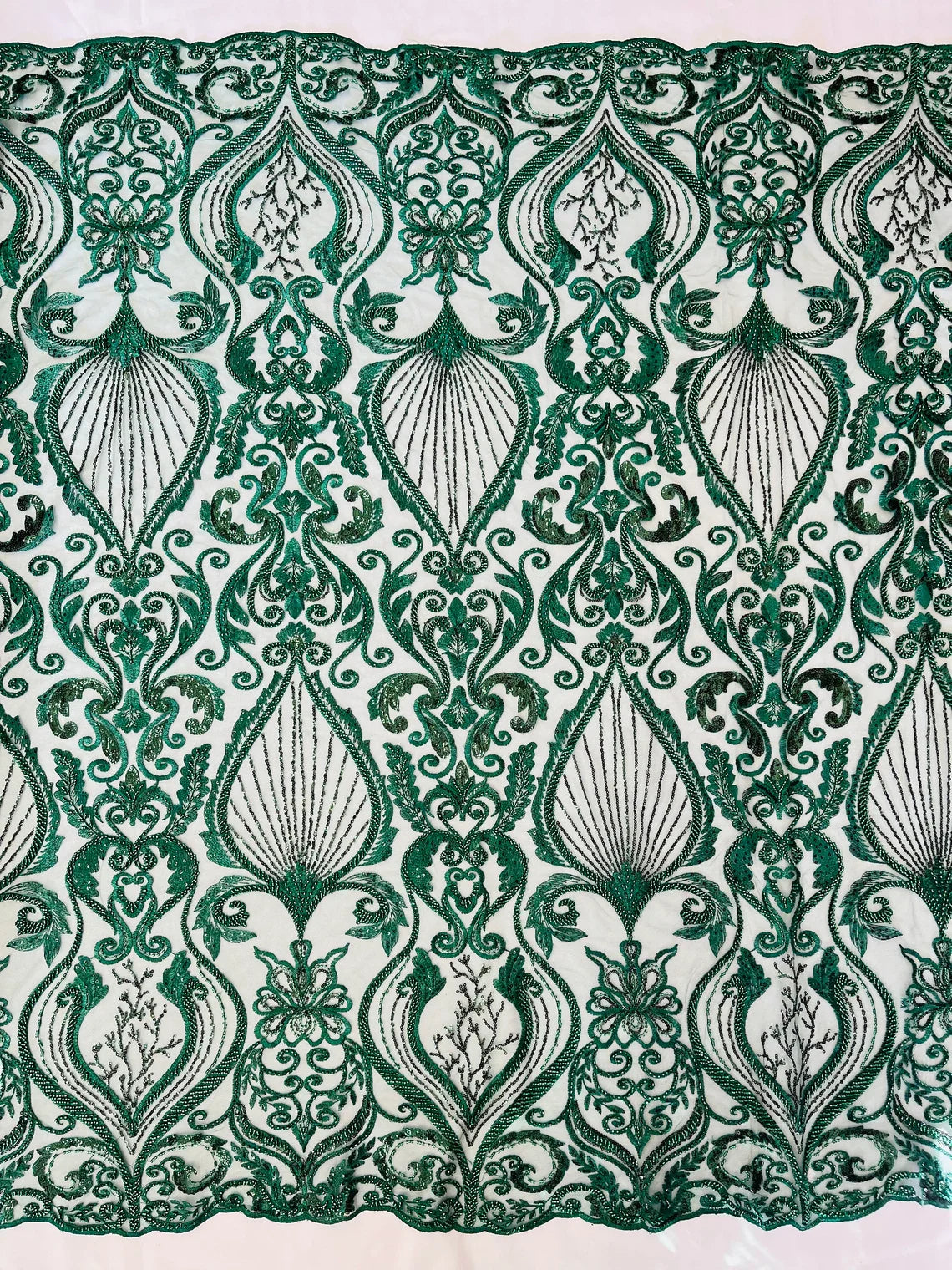 Damask Leaf Bead Fabric - Hunter Green - Heavy Beaded Embroidered Sequins Lace Fabric by Yard