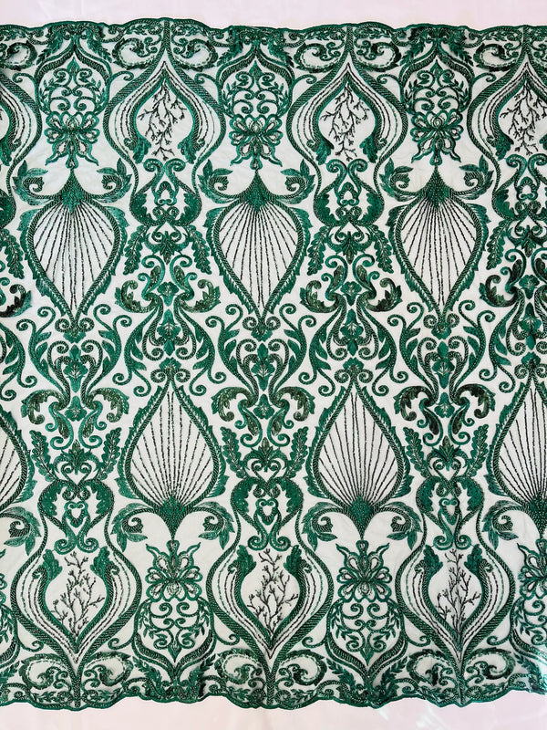 Damask Leaf Bead Fabric - Hunter Green - Heavy Beaded Embroidered Sequins Lace Fabric by Yard