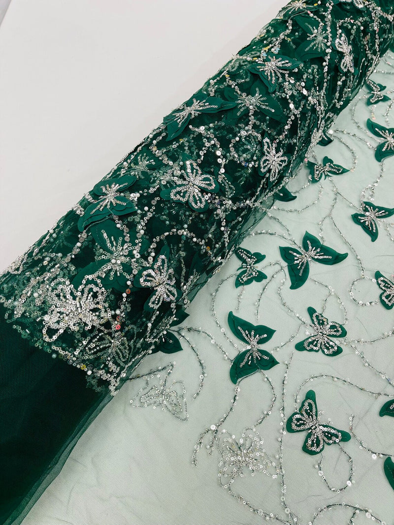 3D Butterfly Beaded Fabric - Hunter Green - Beaded Sequins Butterfly Embroidered Fabric By Yard
