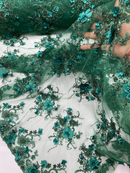3D Flower Sequins Design - Hunter Green - Embroidered Pearl Sequins Floral Clusters Lace Fabric By Yard