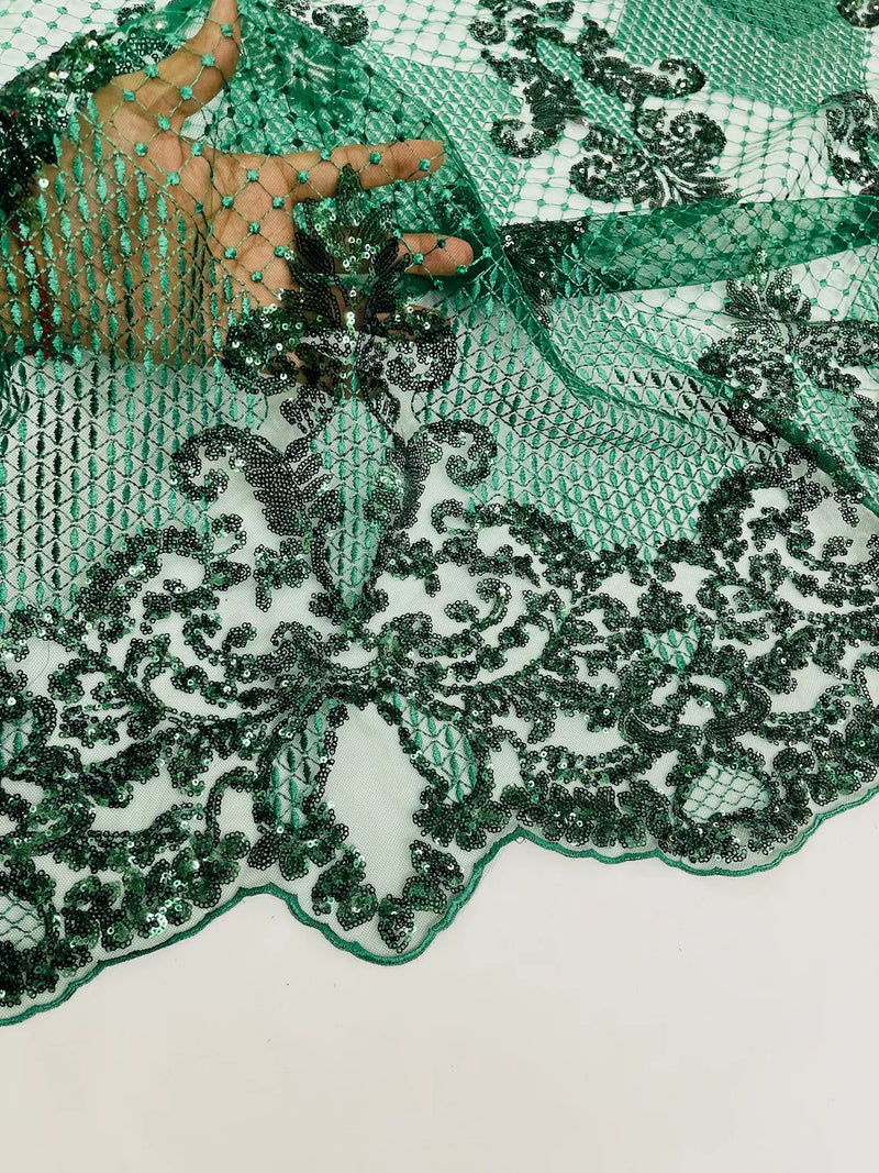 King Damask Design Fabric - Hunter Green - Embroidered Corded Mesh Lace Fabric with Sequins By Yard