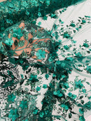 3D Flower Glitter Fabric - Hunter Green - Floral Glitter Sequin Design on Lace Mesh Fabric by Yard