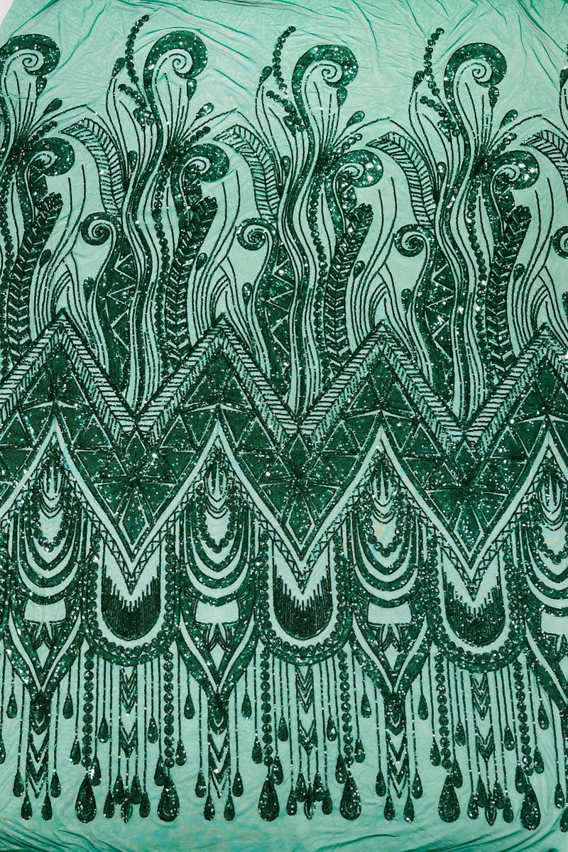 Zig Zag Design Sequins - Hunter Green - 4 Way Stretch Embroidered Zig Zag Sequins Lace Fabric By The Yard