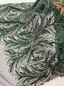 Leaf Design Stretch Sequins - Hunter Green - 4 Way Stretch Lace Mesh Sequins Fabric by Yard