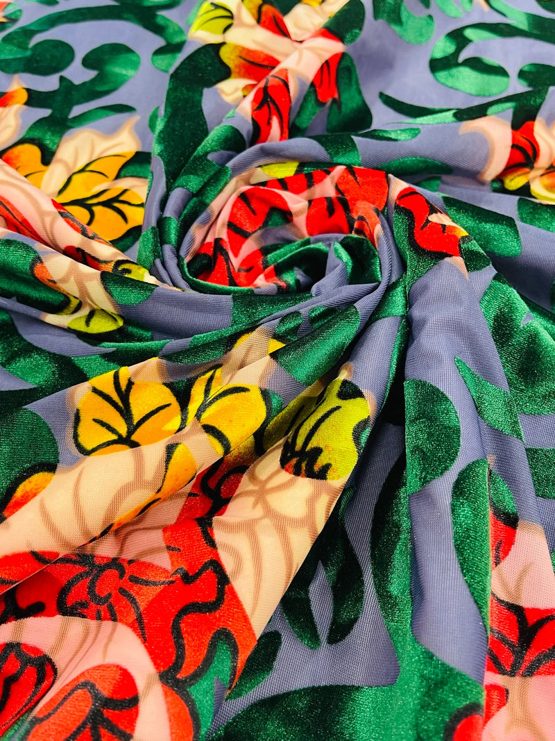 Burnout Floral Velvet Fabric - Hunter Green - MultiColor Floral Print Velvet Fabric By Yard