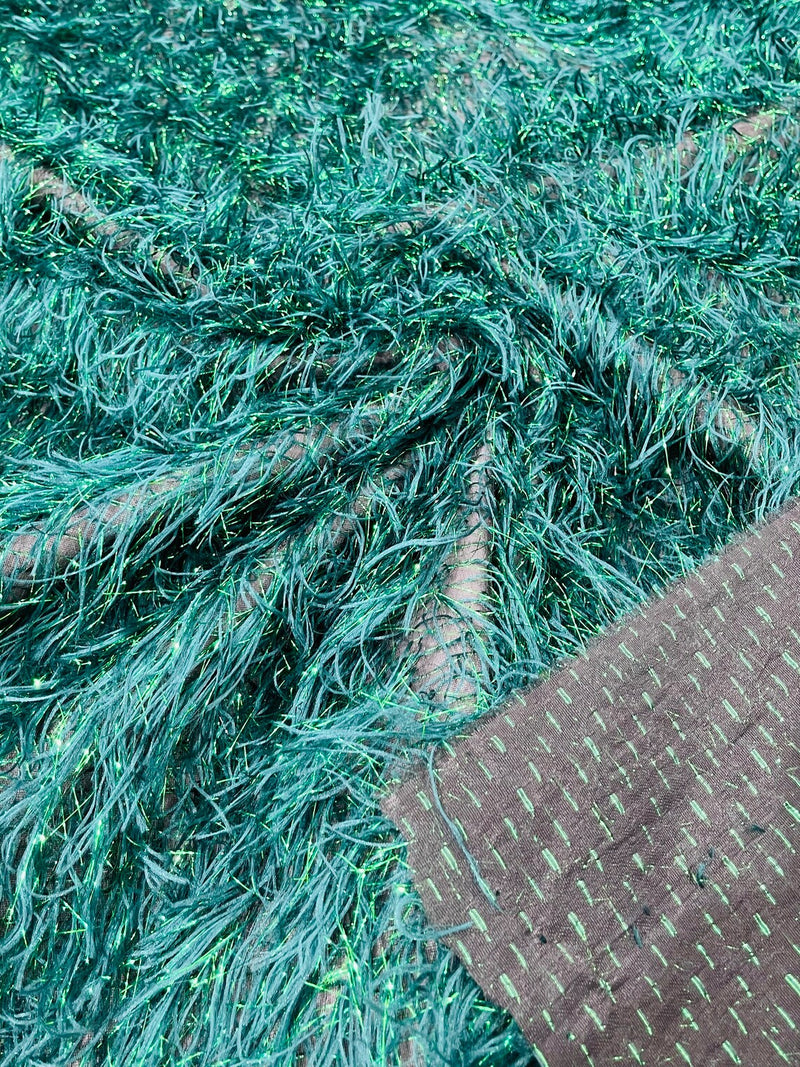 Metallic Eyelash Fabric - Hunter Green - Feather/Eyelash/Fringe Design on Mesh By Yard