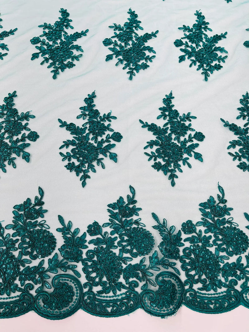 Floral Lace Flower Fabric - Hunter Green - Floral Embroidered Fabric with Sequins on Lace By Yard