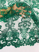 King Lace Pattern Fabric - Hunter Green - Embroidered Sequins on Lace Mesh Fabric By Yard