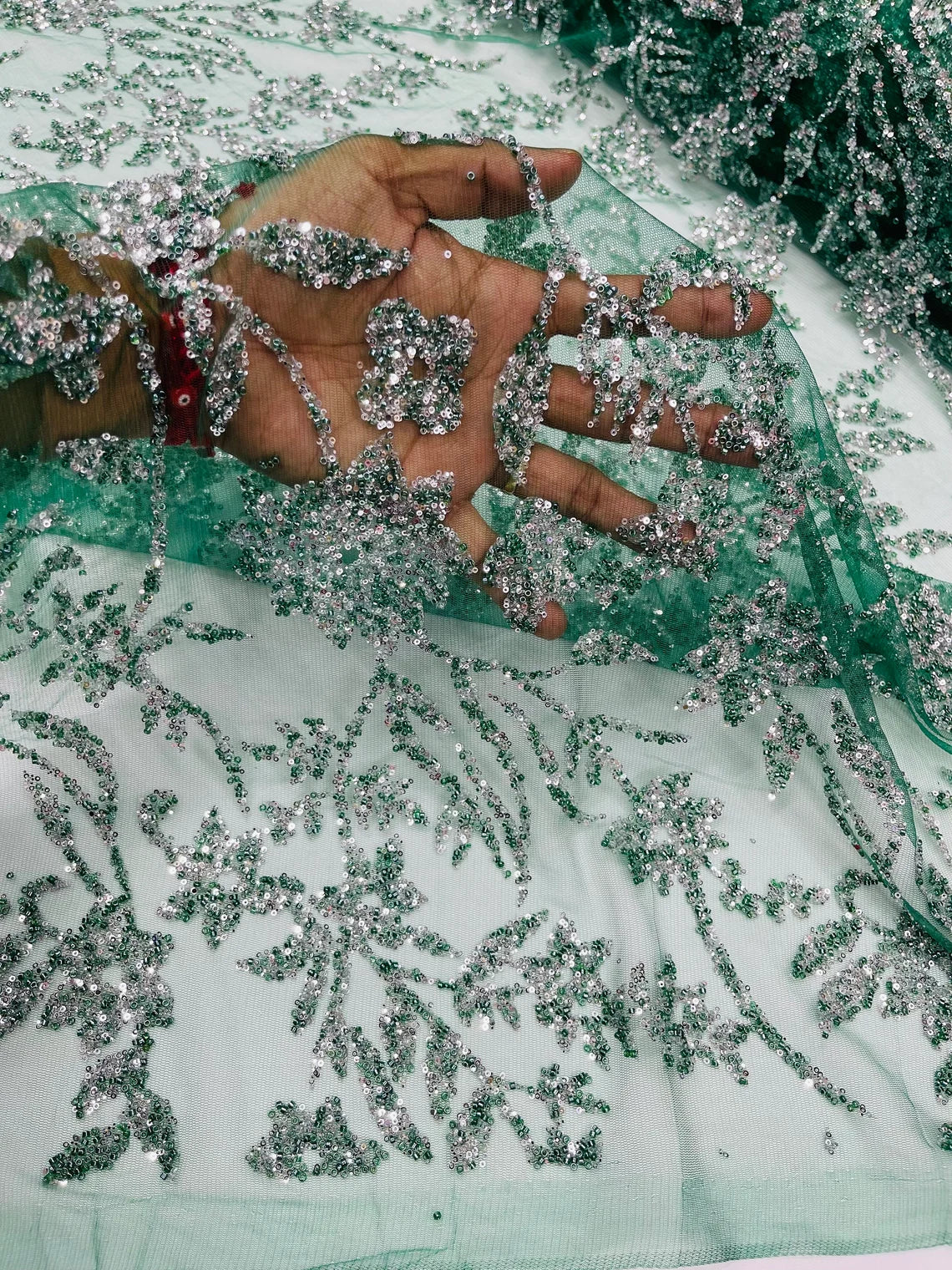 Floral Silver Beaded Fabric - Hunter Green - Flower Design with Silver Beads and Sequins on Lace by Yard