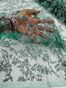 Floral Silver Beaded Fabric - Hunter Green - Flower Design with Silver Beads and Sequins on Lace by Yard