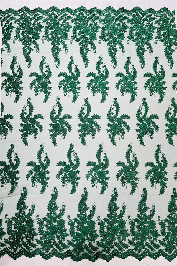 Long Leaf Designs Lace Fabric - Hunter Green - Embroidered Braid Leaf Pattern on Lace Mesh Fabric By Yard