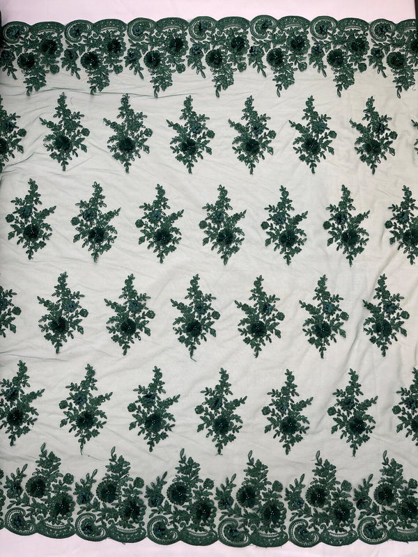 3D Floral Fabric with Floral Border - Hunter Green - Embroidered Floral Fabric with Sequin and Beads By Yard