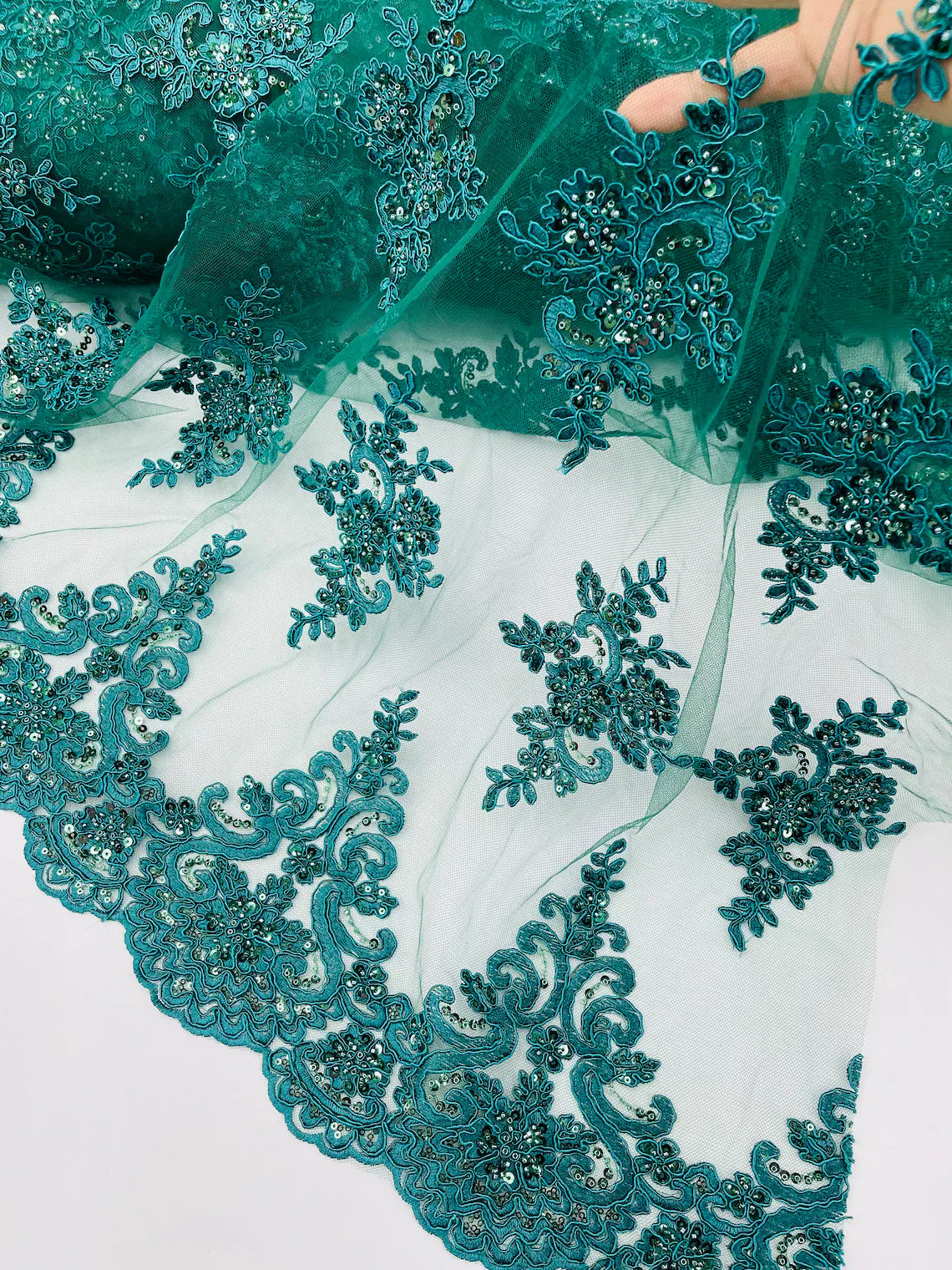 Beaded Floral Fabric - Hunter Green - Floral Cluster Design Fabric with Damask Border by Yard