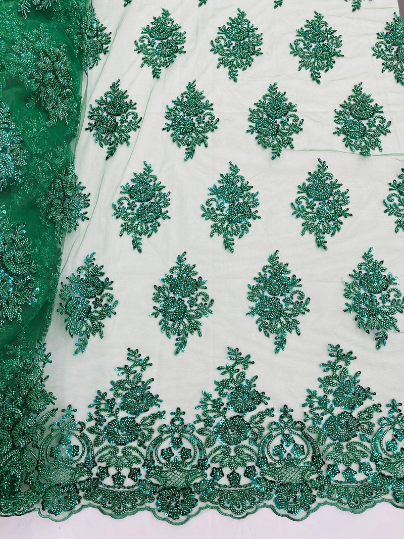 Heavy Beaded Floral Fabric - Hunter Green - Luxury Heavy Duty Bead Bridal Floral Cluster Lace Fabric by the yard