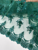 3D Floral Pearl Design - Hunter Green - Floral Embroidered Pearls and Sequins Fabric By Yard