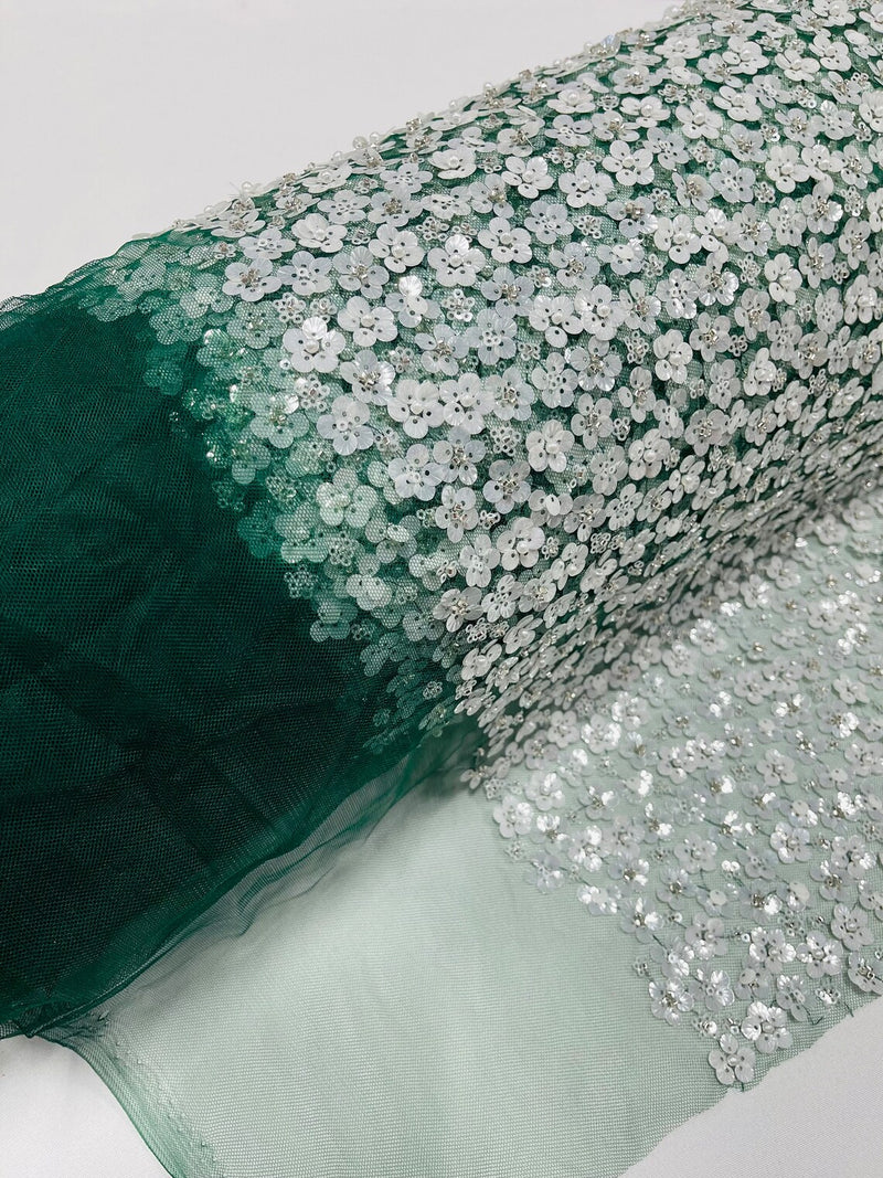 Small Beaded Flower Pearl Fabric - Hunter Green - Pearls and Beads Embroidered Fabric By Yard