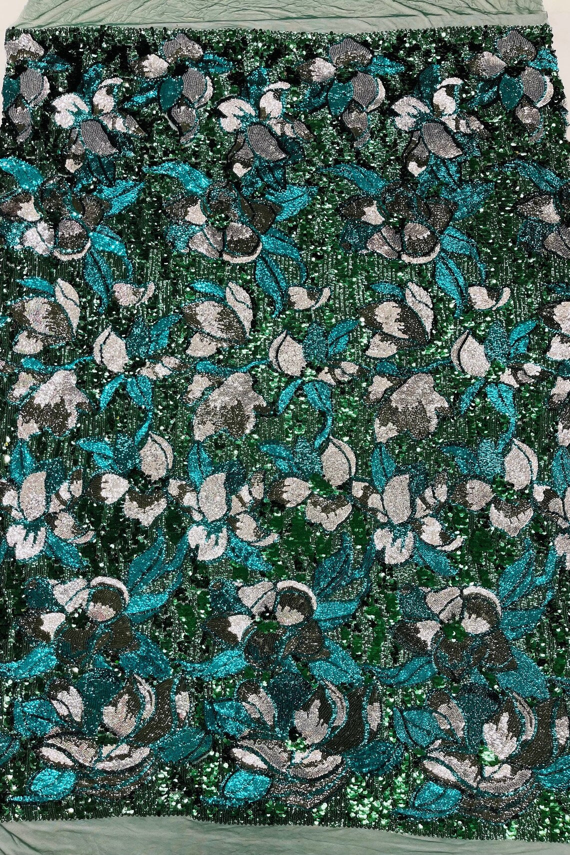 Orchid Design Sequins - Hunter Green - 4 Way Stretch Full Sequins Floral Design Mesh Fabric By Yard