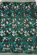Orchid Design Sequins - Hunter Green - 4 Way Stretch Full Sequins Floral Design Mesh Fabric By Yard