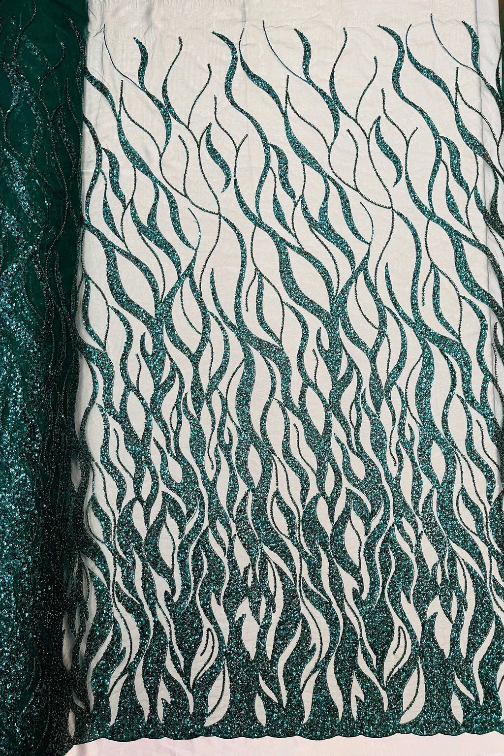 Fire Flames Design Bead Fabric - Hunter Green - Beaded Embroidered Fire Pattern Fabric By Yard
