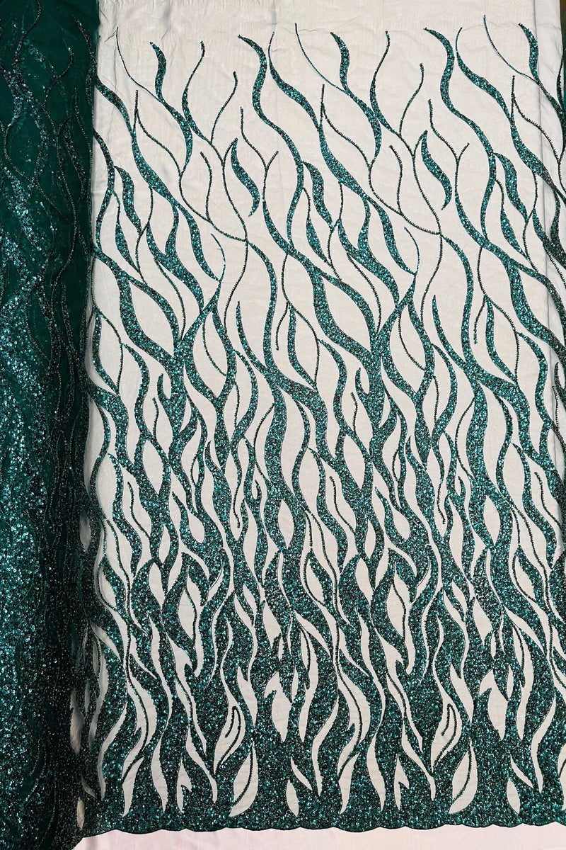 Fire Flames Design Bead Fabric - Hunter Green - Beaded Embroidered Fire Pattern Fabric By Yard