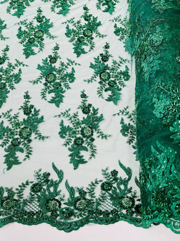 Beaded Flower Sequins Fabric - Hunter Green - Embroidered Beaded Floral Clusters Sequins Fabric By Yard