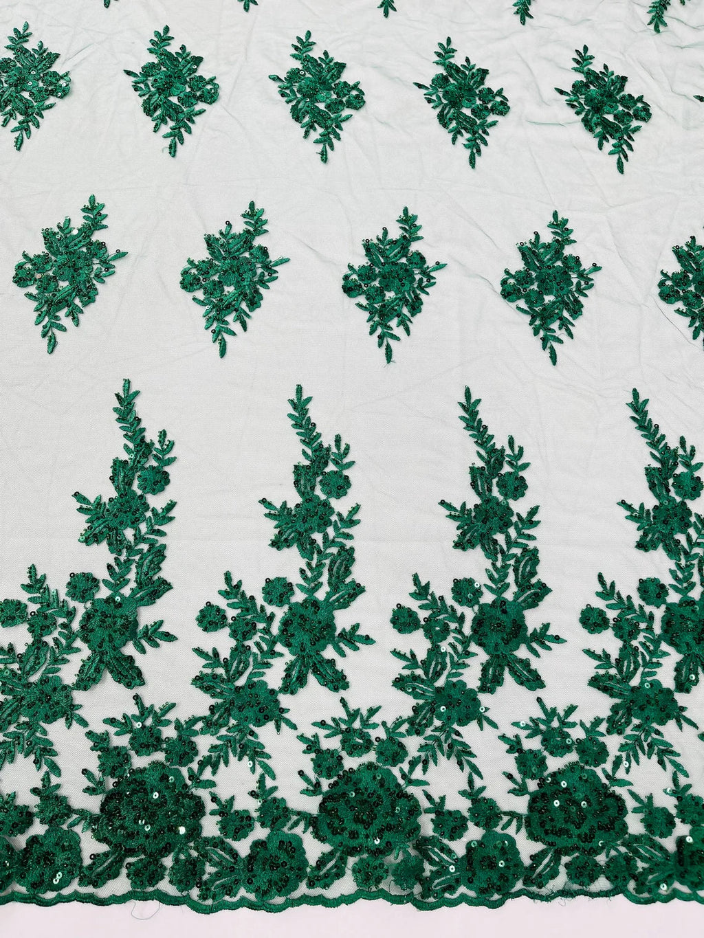 Beaded Rose Flower Fabric - Hunter Green - Embroidered Beaded Long Border Floral Fabric By Yard