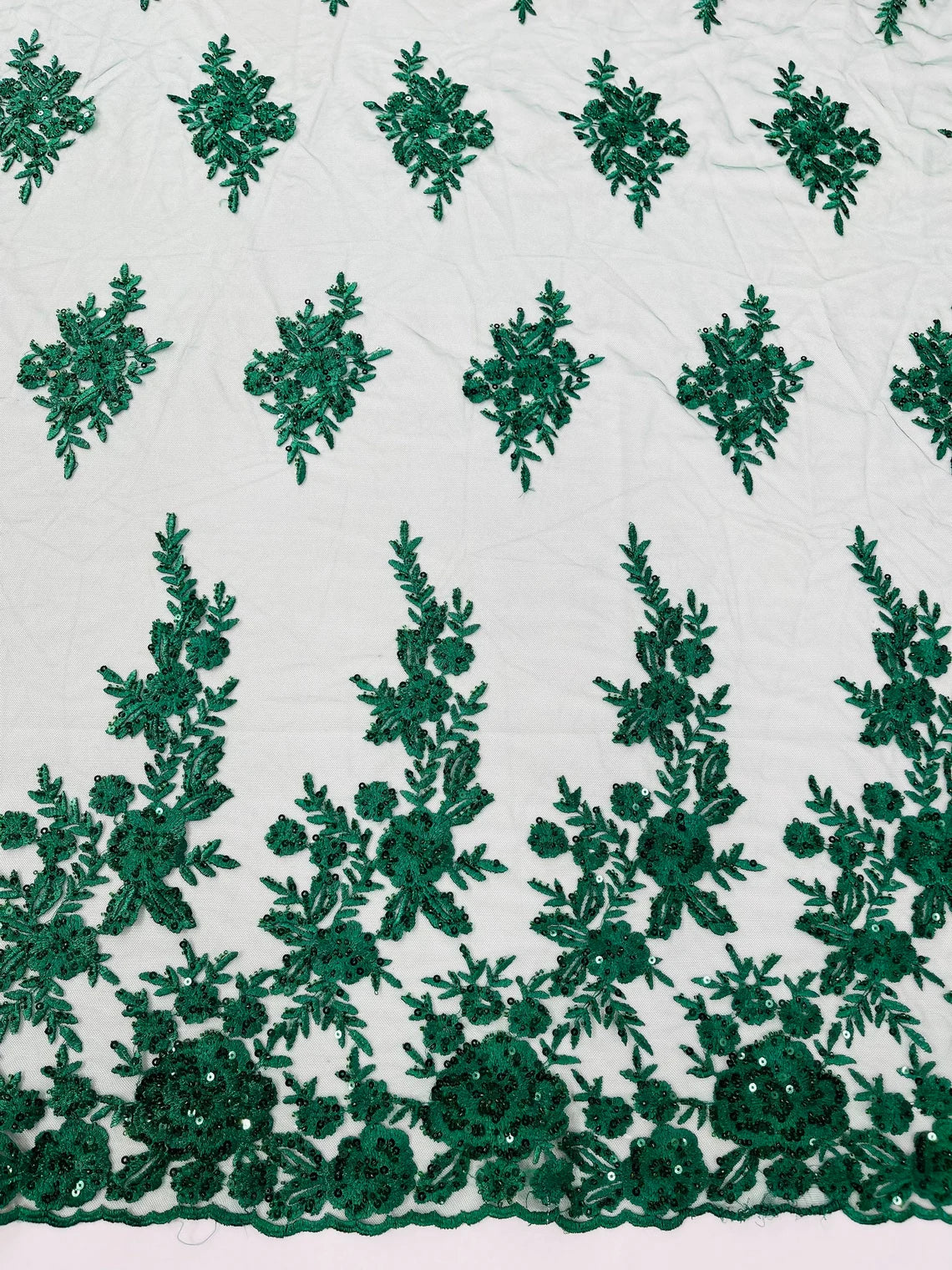 Beaded Rose Flower Fabric - Hunter Green - Embroidered Beaded Long Border Floral Fabric By Yard