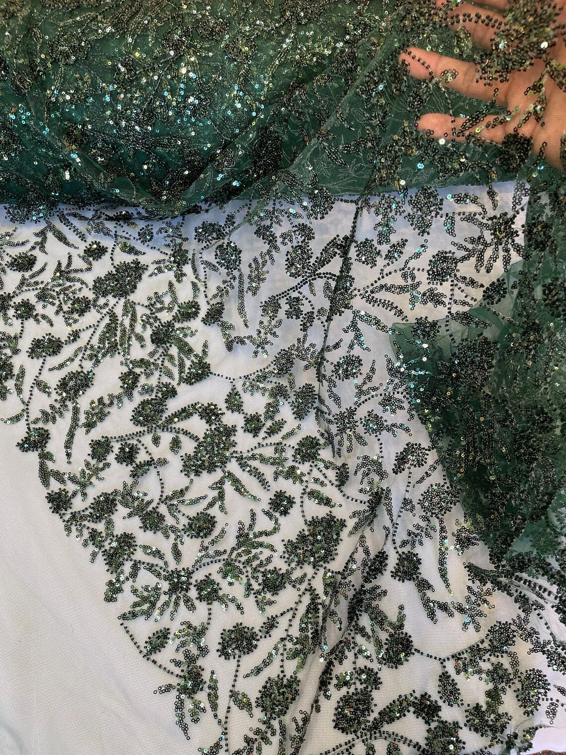 Beaded Floral Plant Design - Hunter Green - Embroidered Beaded Flower Plants Sequins Fabric By Yard