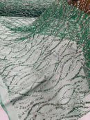 Glitter Wavy Bead Fabric - Hunter Green - Sequins, Bead, Glitter Design on Lace Fabric By Yard