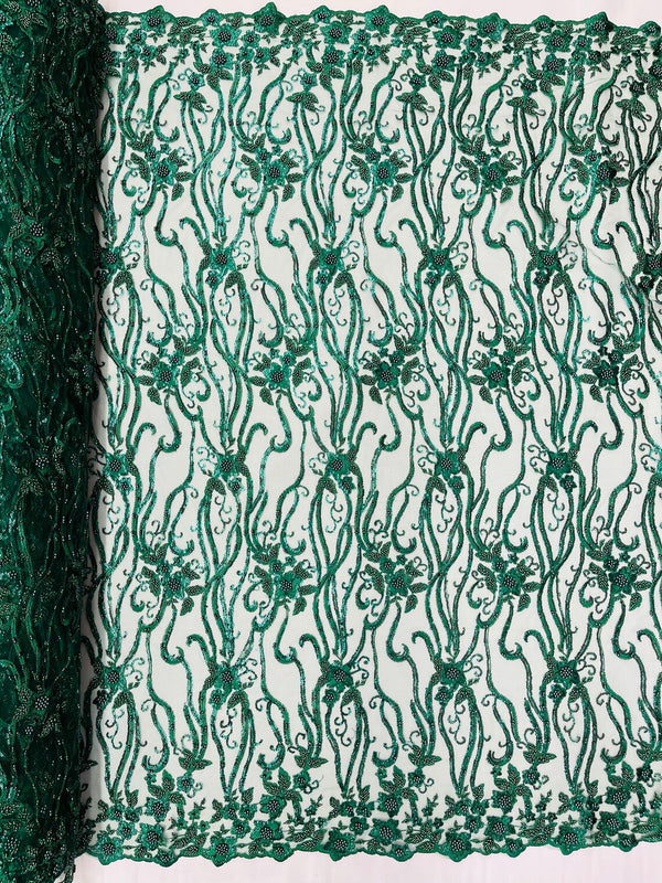 Small Flower Bead Fabric - Hunter Green - Beaded Flower Fabric with Curled Lines Design By Yard