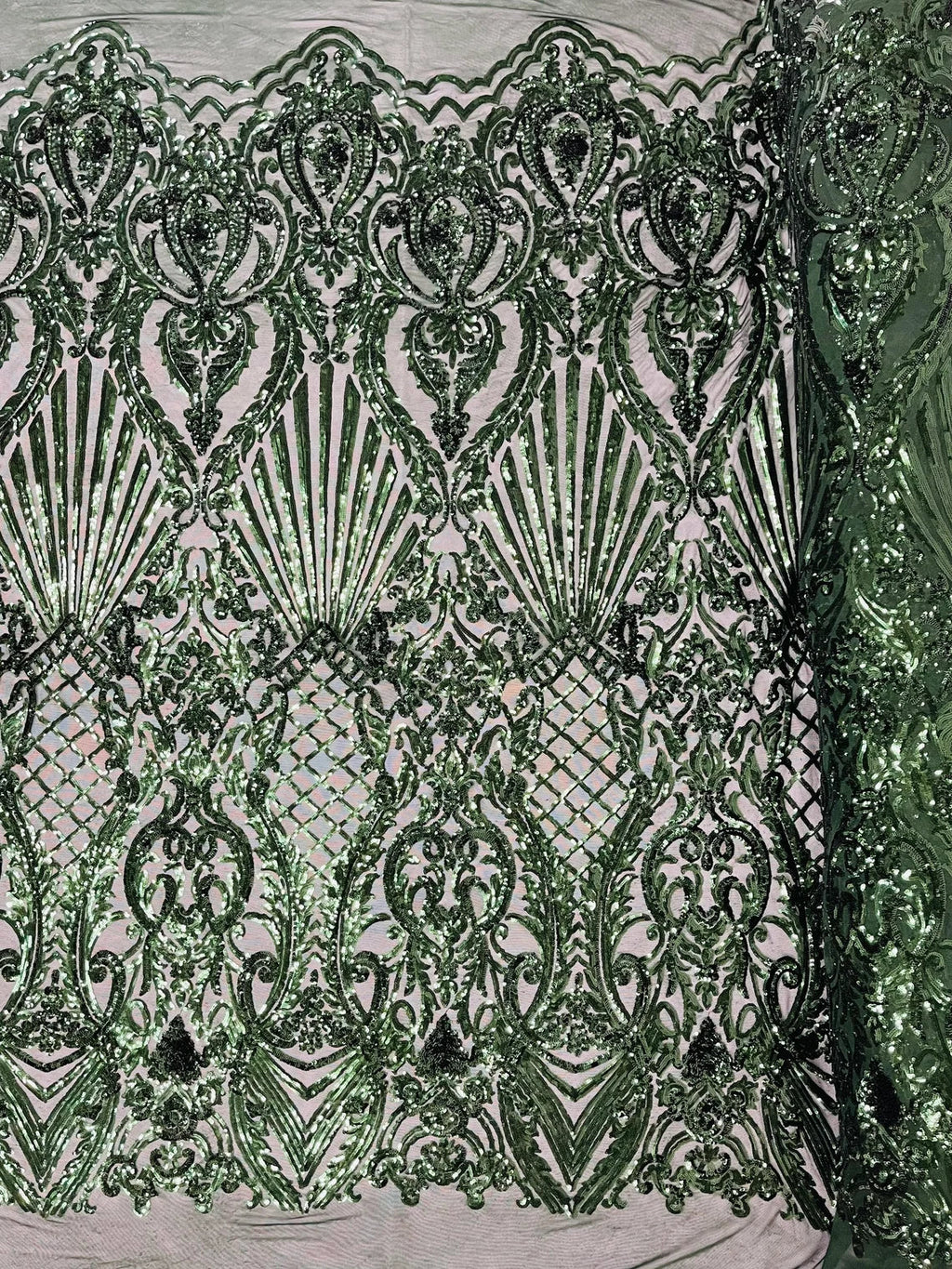 Damask Geometric Sequins - Hunter Green - 4 Way Stretch Sequins Damask Pattern Design Sold By Yard