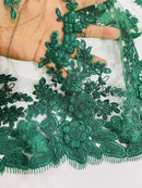 Corded Floral 3D Fabric - Hunter Green - Embroidered Floral Design on Lace Mesh Fabric by Yard