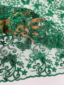 Butterfly Sequins Fabric - Hunter Green - Metallic Floral Butterfly Design on Lace Fabric By Yard