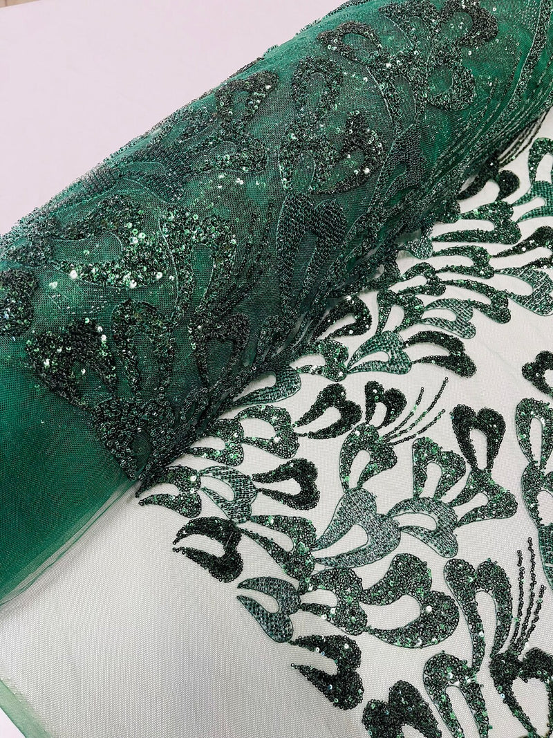 Fancy Wavy Leaf Bead Fabric - Hunter Green - Leaf Line Beaded Design Embroidered Mesh By Yard