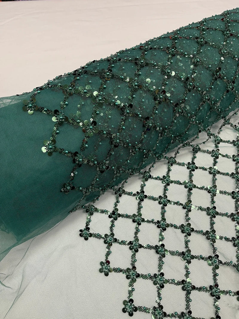 Beaded Diamond Net Fabric - Hunter Green - Embroidered Geometric Beaded Sequins Fabric Sold By Yard