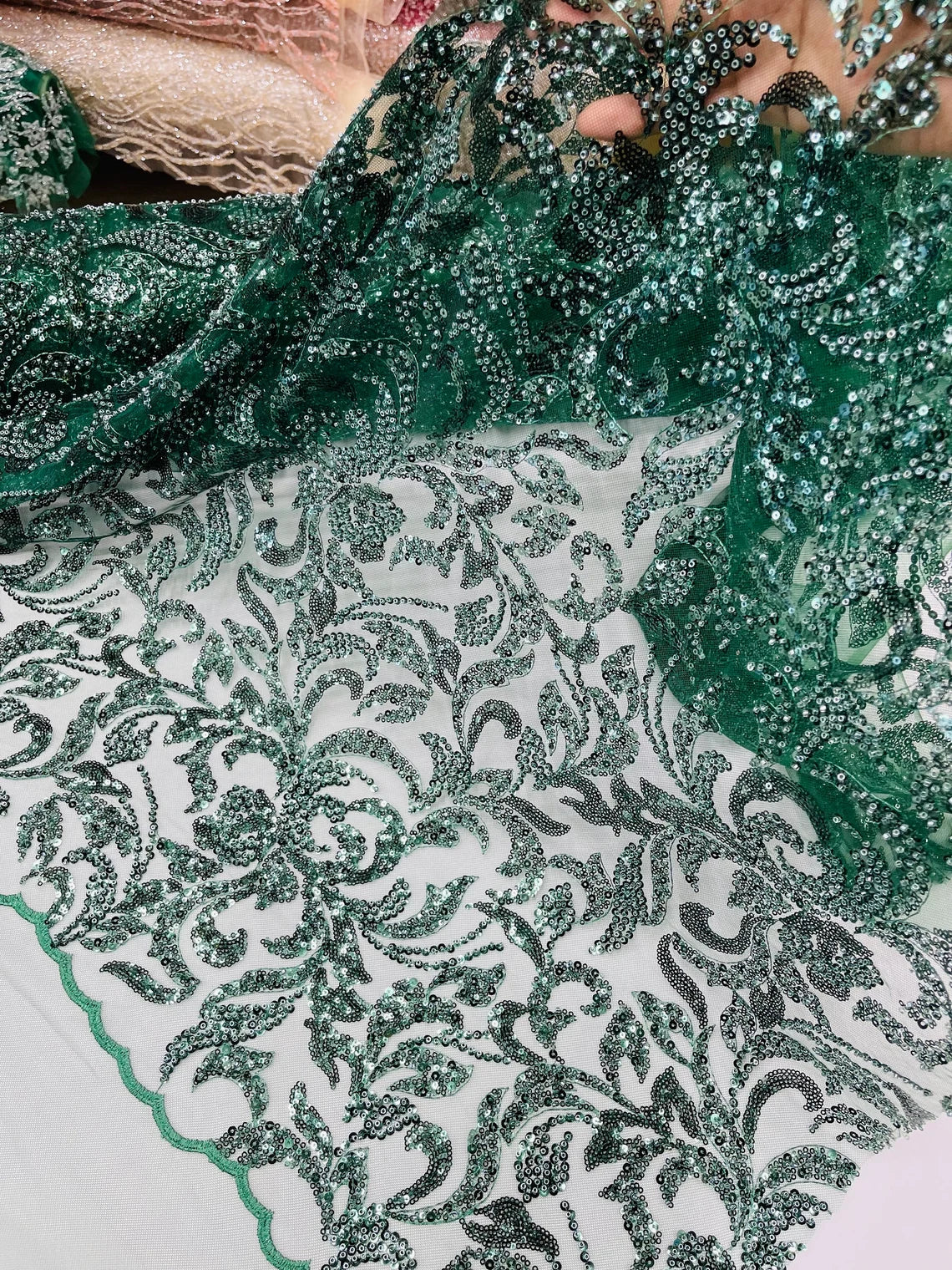 Beaded Flower Leaf Fabric - Hunter Green - Shiny Beads and Sequins in Flower Design on Lace by Yard