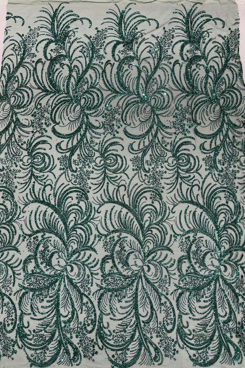 Glitter Palm Leaf Design Fabric - Hunter Green - Tulle Mesh Glitter Leaf Design Fabric Sold By Yard