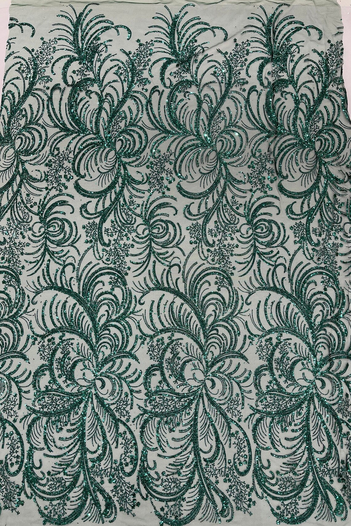 Glitter Palm Leaf Design Fabric - Hunter Green - Tulle Mesh Glitter Leaf Design Fabric Sold By Yard