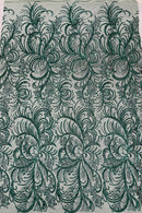 Glitter Palm Leaf Design Fabric - Hunter Green - Tulle Mesh Glitter Leaf Design Fabric Sold By Yard